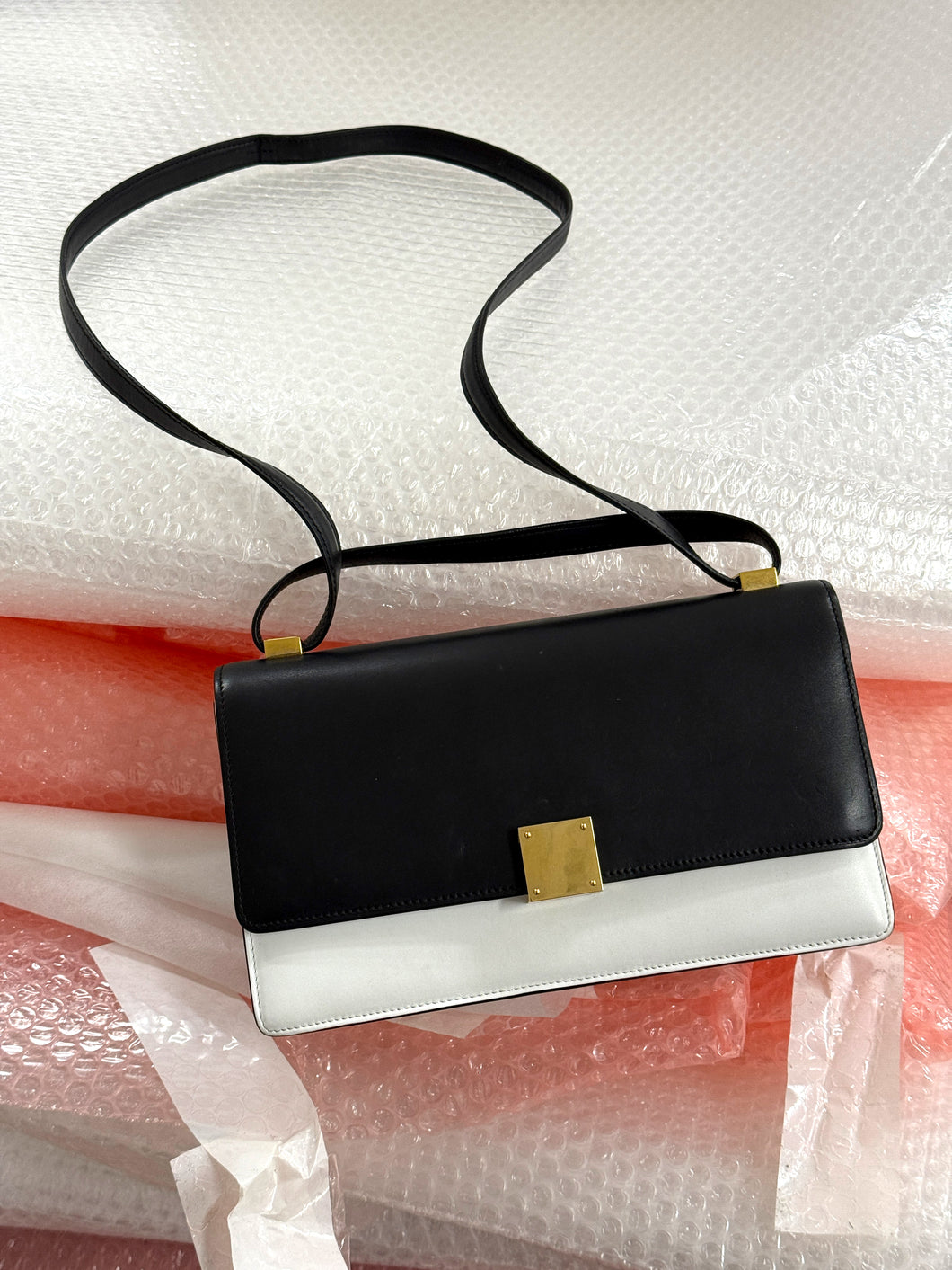 2012 CELINE BLACK AND WHITE LONG SHOULDER BOX BAG