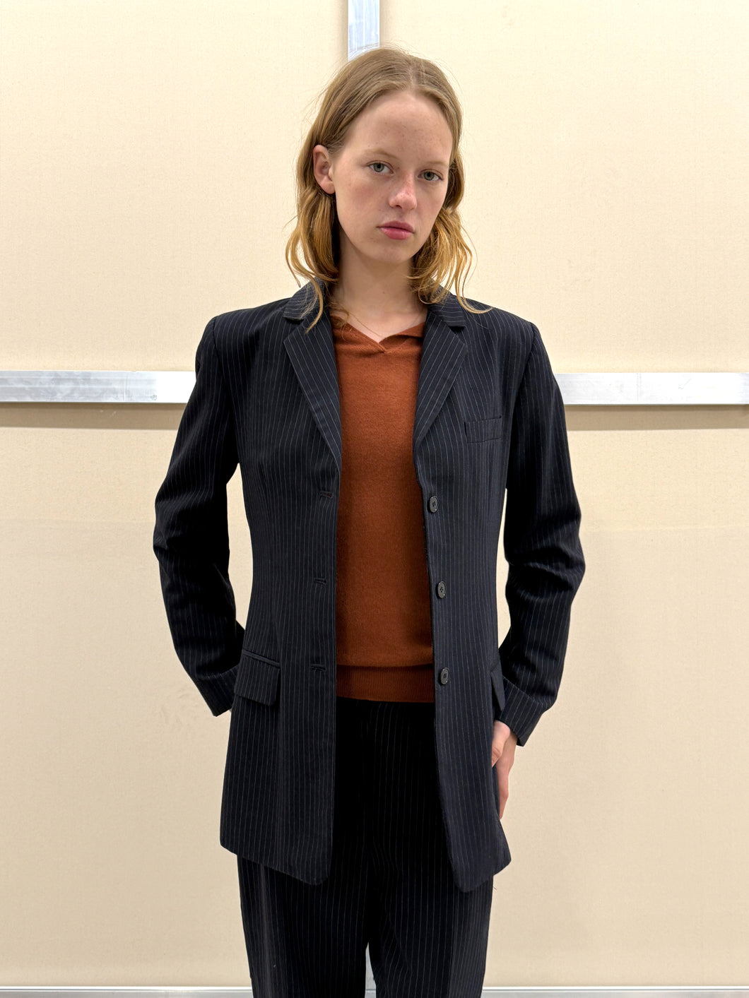 CALVIN KLEIN PINSTRIPE WOOL PANT SUIT